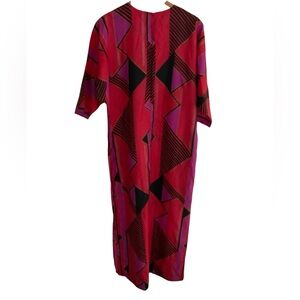 Vibrant Geometric Muumuu Hawaii Maxi Dress — Red & Purple Print L Vintage